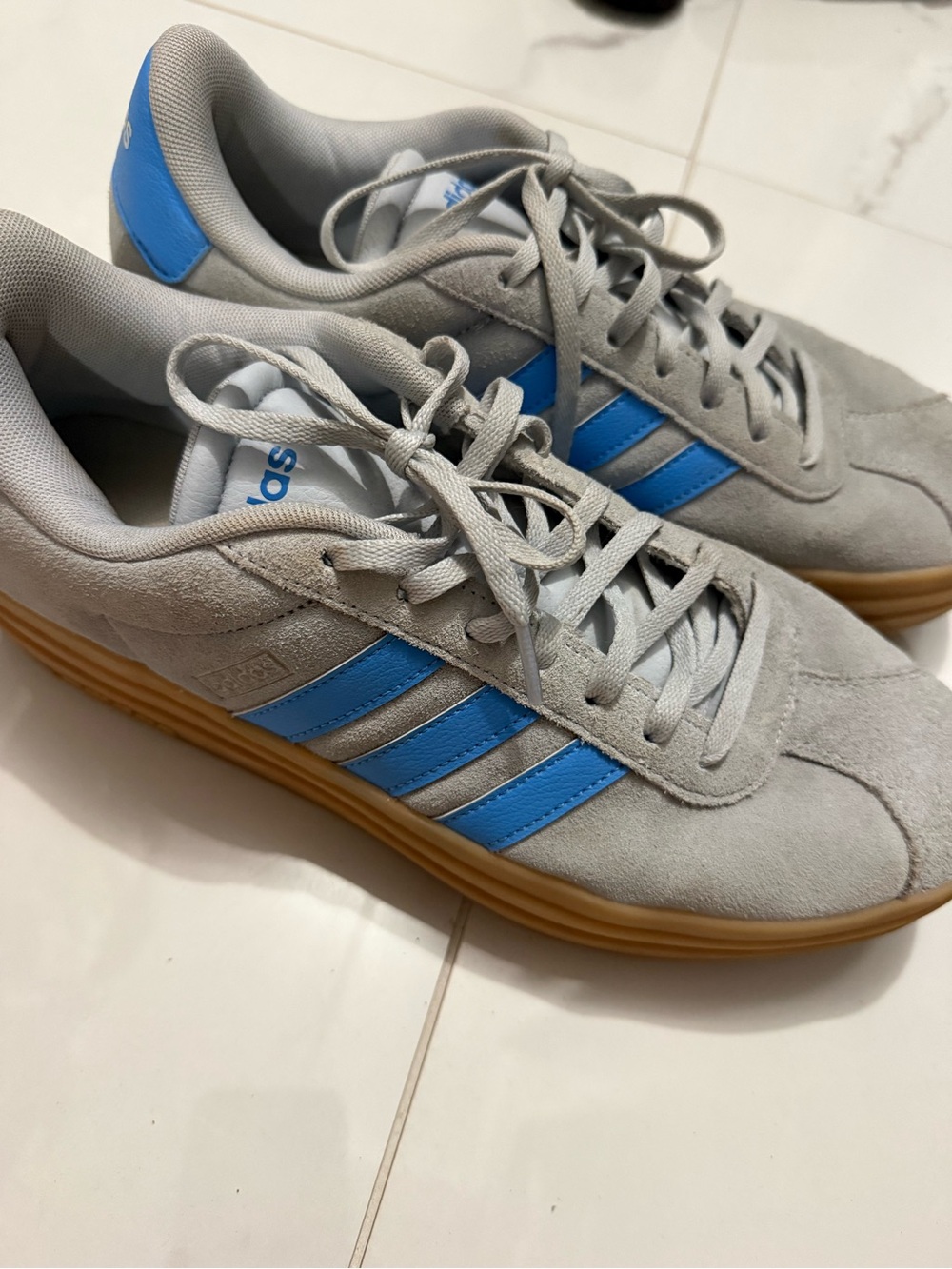 adidas Gray Suede Sneakers with Blue Stripes and Gum Sole